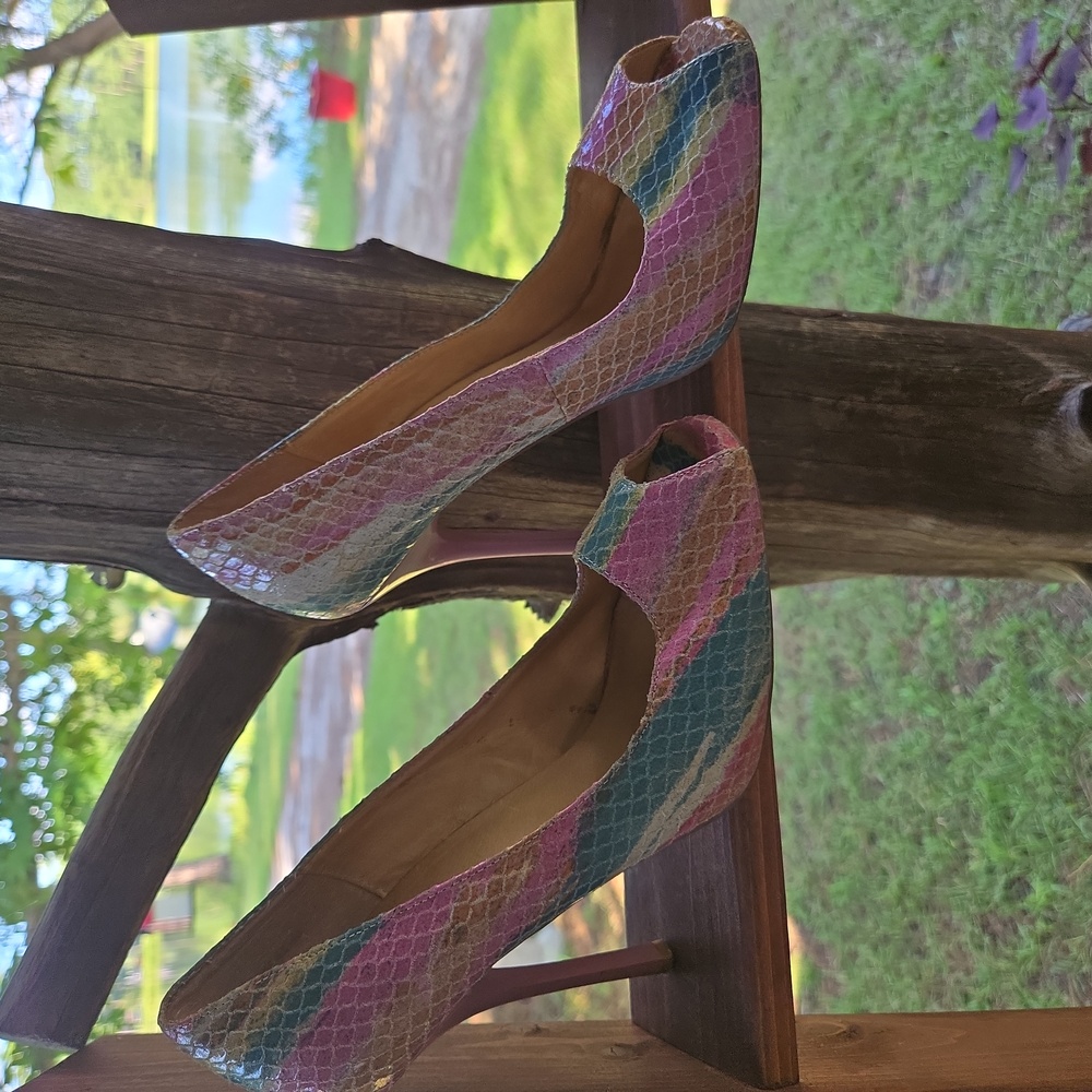 Baker's Princess Pastel Pink And Blue Snakeskin Leather Peep Toe High Heel - Picture 13 of 13